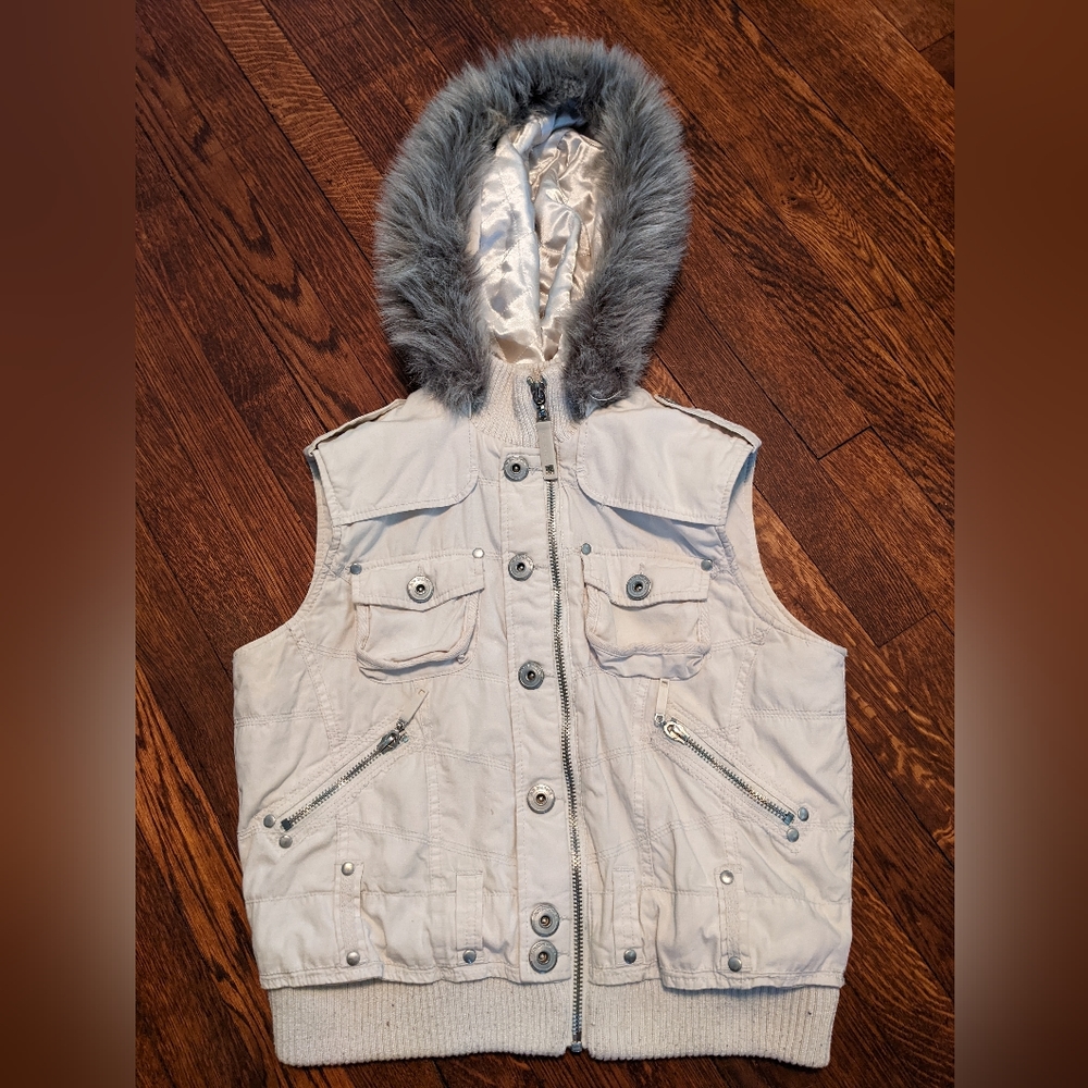 White Hooded Utility Vest Faux Fur size Large BB Dakota